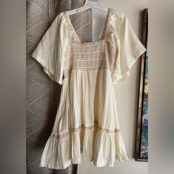 Free People Easy to Love Mini Dress Smocked Cute Romantic Babydoll Ivory Sz S - Picture 4 of 14